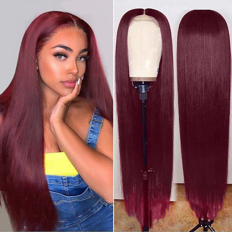 Burgundy Straight Hair Wig - European Fashion Headgear