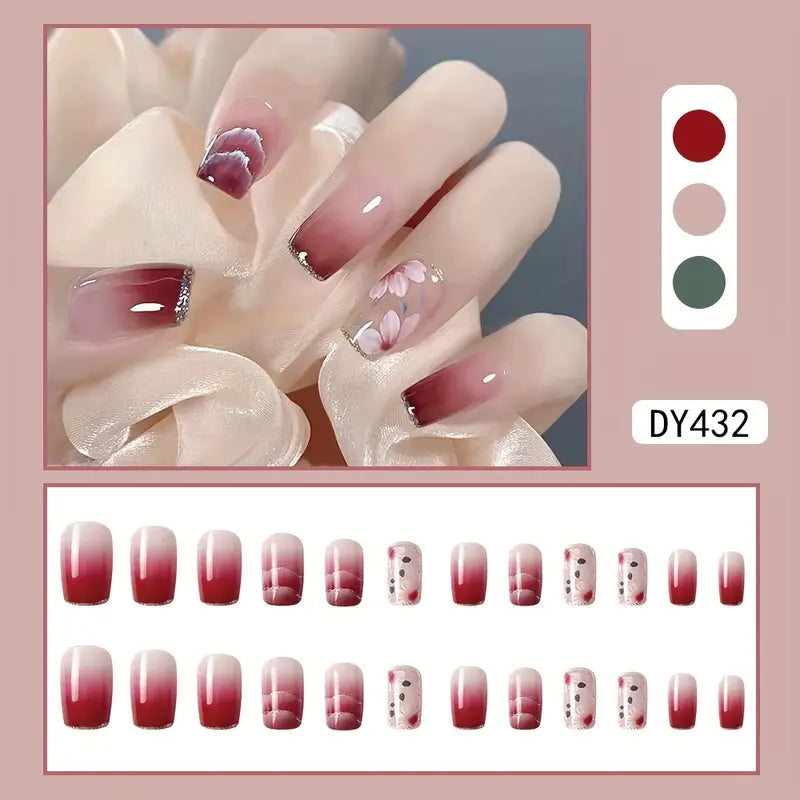 Red Camellia Square Press-On Nails - Glitter Edge, Reusable, Nail Art DIY - Shop N Save