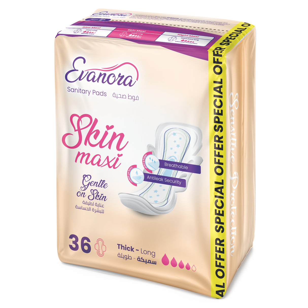 Evanora Sanitary Pads Skin Maxi 36 Count | Thick & Long | Gentle on Skin | Ultra Absorbent, Breathable & Anti-Leak Pads | Soft Feminine Hygiene Pads for Sensitive Skin