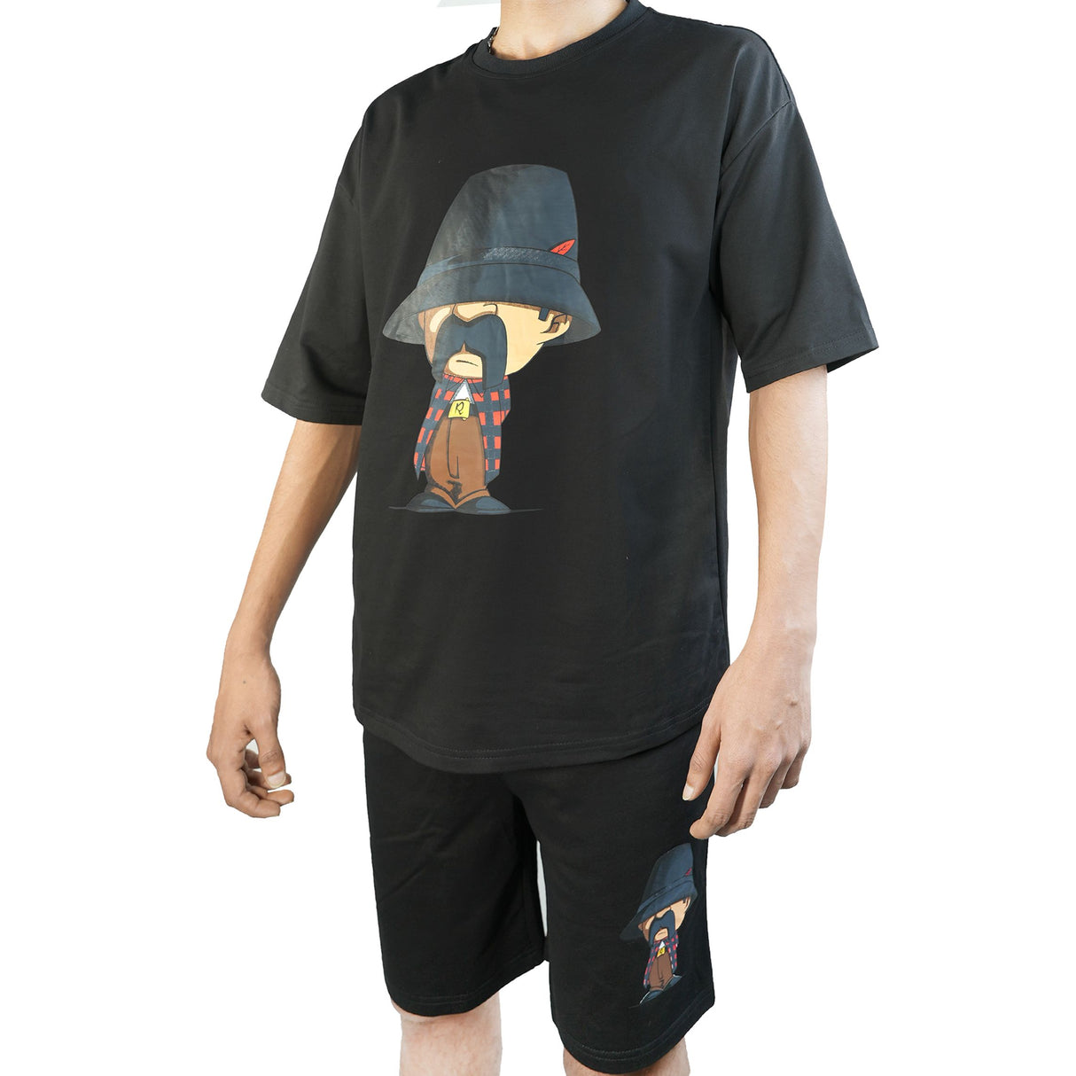 Black Printed Drop Shoulder Crew-Neck T-Shirt with short.