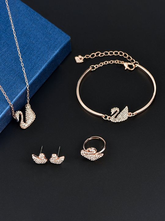 CZ Rose Gold Swan Jewelry Set - Pendant Bracelet Earrings Ring - Shop N Save