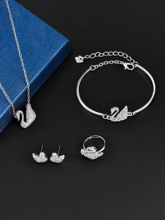 CZ Swan Jewelry Set - Silver Plated Bracelet Earrings Ring Ensemble. - Shop N Save