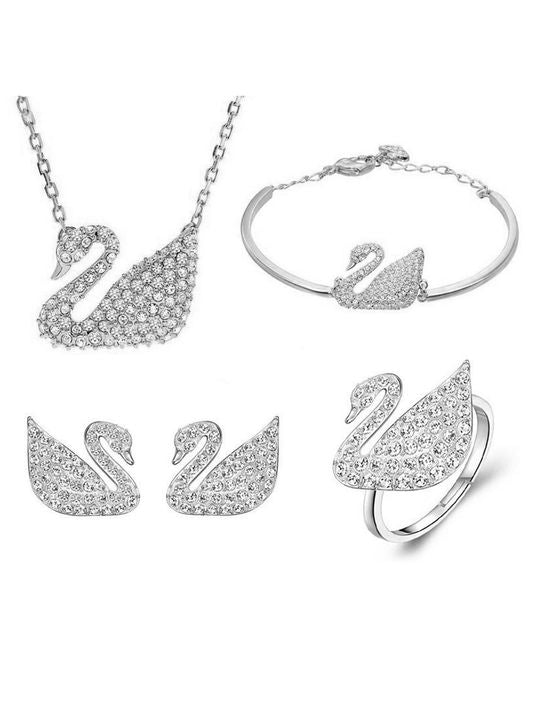 CZ Swan Jewelry Set - Silver Plated Bracelet Earrings Ring Ensemble. - Shop N Save