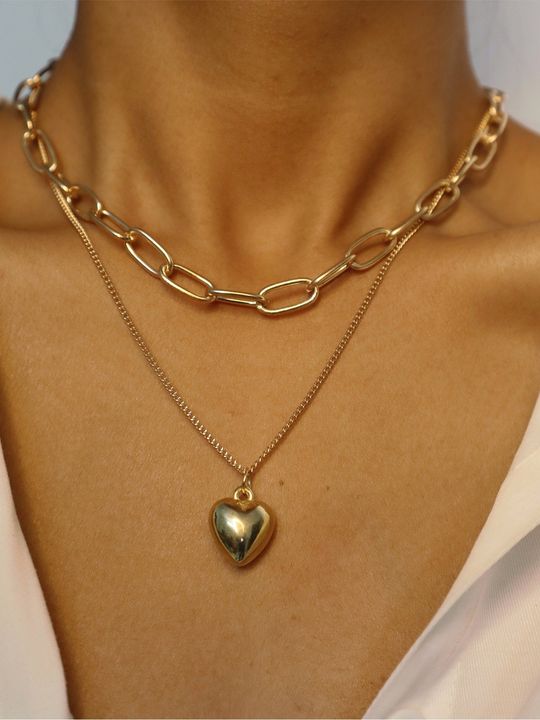 Gold Plated Layered Link Chain: Heart Pendant Necklace Design - Shop N Save
