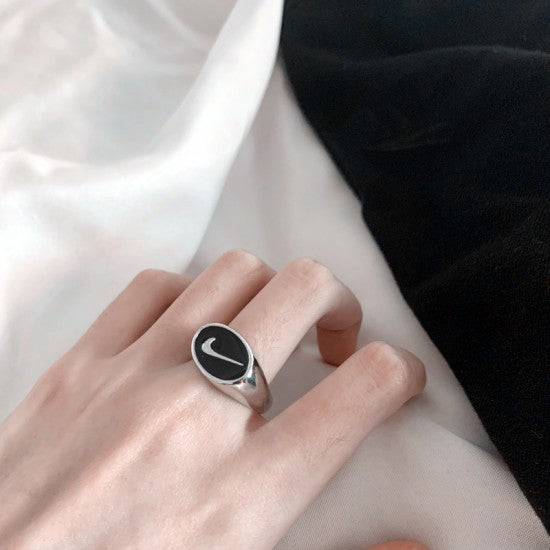 Nike Swoosh Logo Square Signet Ring Black
