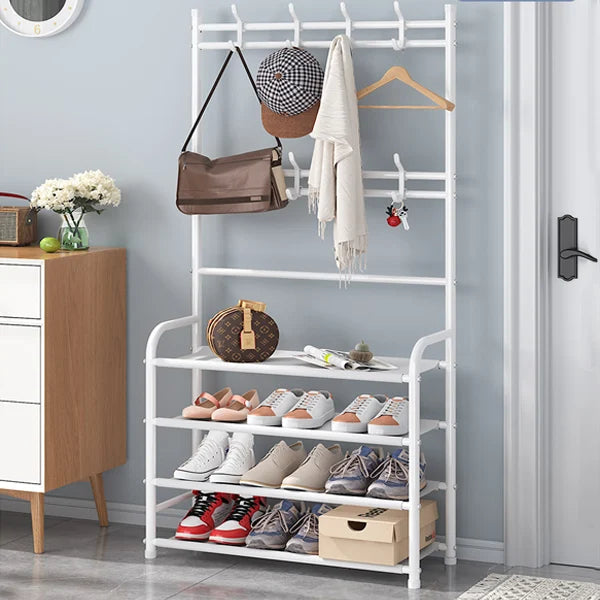 White Metal 4-Tier Shoe Rack & Hat Coat Hanger Multipurpose Organizer with 8 Hooks Perfect for Entryways Bedrooms or Living Rooms - Shop N Save