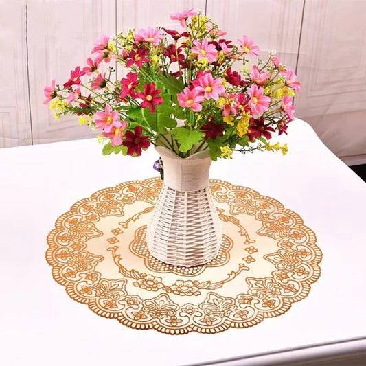 Round Waterproof Non Slip Vinyl Decorative Table Mini Mat 38 CM - Golden - Shop N Save