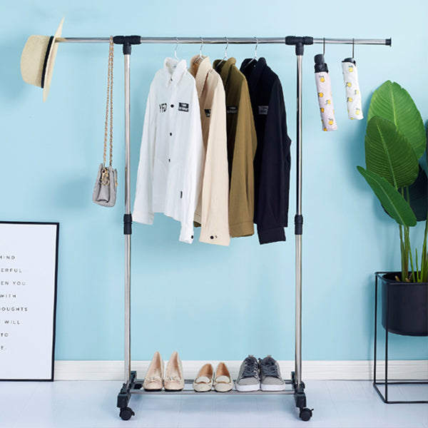 Portable Telescopic Single Pole Clothes Hanger Rack with Wheels Silver Stainless Steel Floor Installation Foldable - Shop N Save