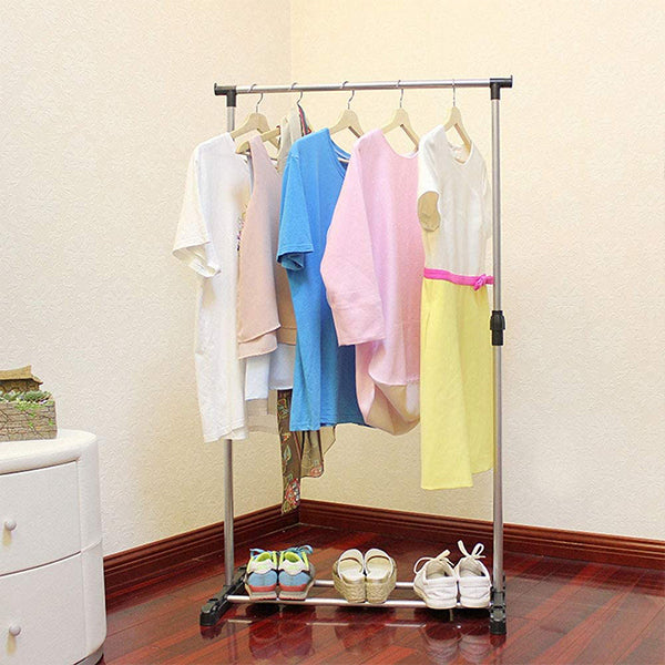 Portable Telescopic Single Pole Clothes Hanger Rack with Wheels Silver Stainless Steel Floor Installation Foldable - Shop N Save