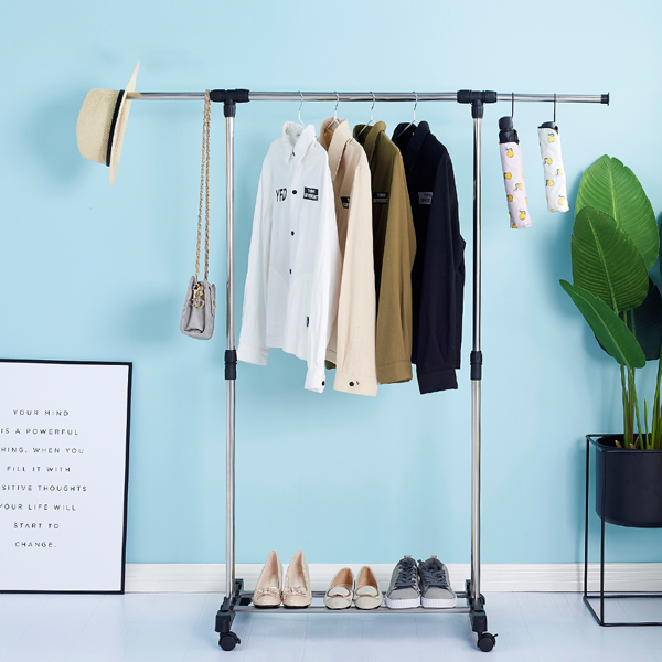 Portable Telescopic Single Pole Clothes Hanger Rack with Wheels Silver Stainless Steel Floor Installation Foldable - Shop N Save