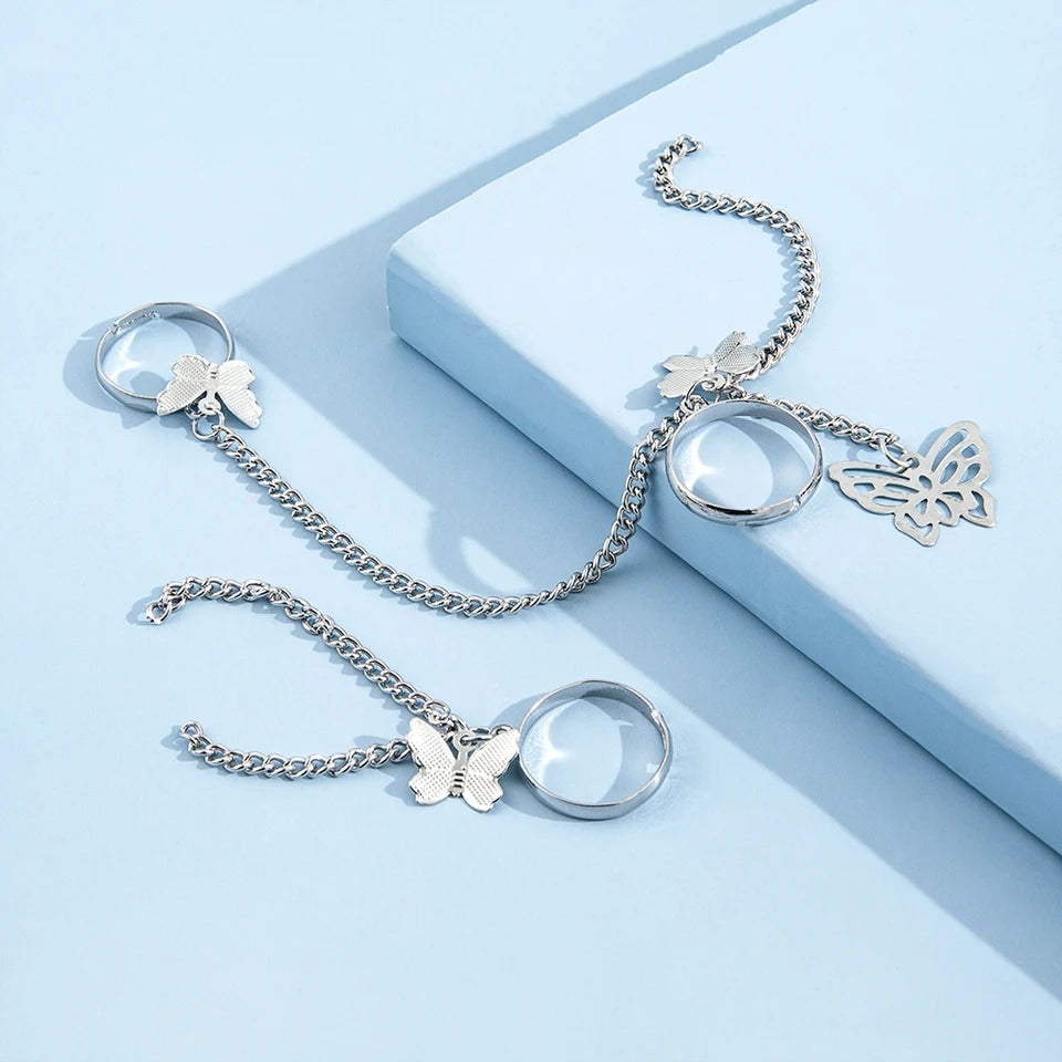 Gothic Butterfly Chain Rings - Stranger Things Couple Set Y2K Fashion - Shop N Save