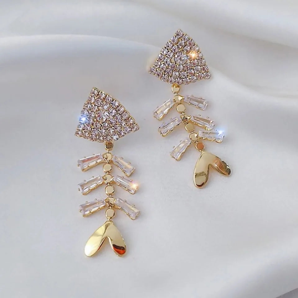 Rhinestone Fish Bone Drop Earrings: Trendy Fashion Gift - Shop N Save