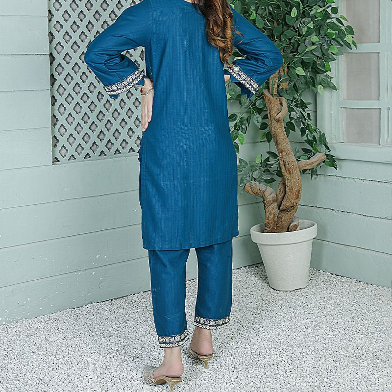 2 Piece Kurti Salwar Embroidery Set - Pure Cotton Collection Stylish Solid Color Light Weight Cotton Fabric Suit Top Bottom Salwar Kameez Indian Pakistani Embroidered Suit For Event Party Outdoor Dress - Dark Blue - Shop N Save