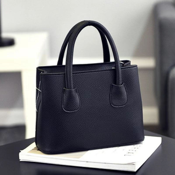 Cute Bear Double Handle Women Shoulder Bag Grid Textured Synthetic Leather Zipper Closure Black - Shop N Save