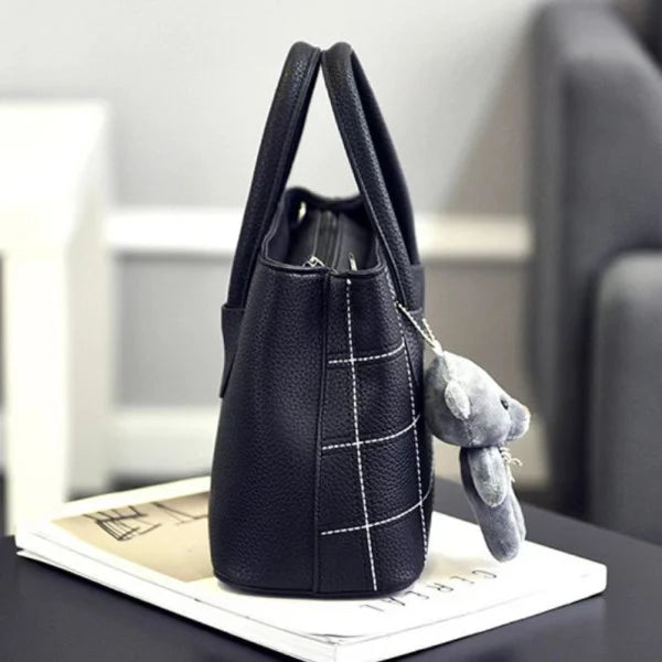 Cute Bear Double Handle Women Shoulder Bag Grid Textured Synthetic Leather Zipper Closure Black - Shop N Save
