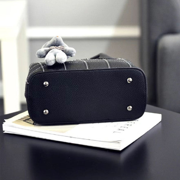 Cute Bear Double Handle Women Shoulder Bag Grid Textured Synthetic Leather Zipper Closure Black - Shop N Save