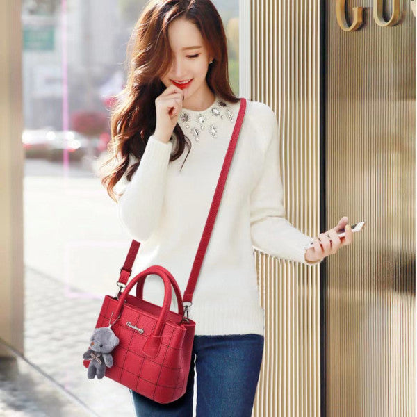 Cute Bear Double Handle Wine Red Shoulder Bag for Women Stylish Grid Textured Design with Zipper Closure - Shop N Save