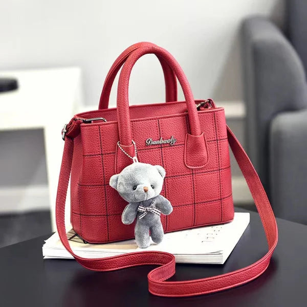 Cute Bear Double Handle Wine Red Shoulder Bag for Women Stylish Grid Textured Design with Zipper Closure - Shop N Save