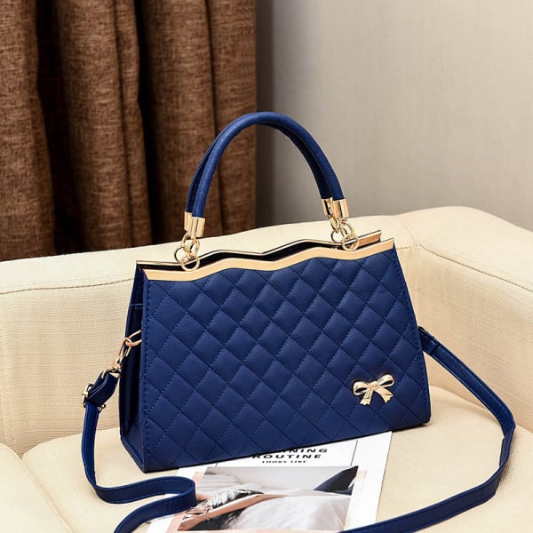 Elegant Dark Blue Synthetic Leather Women's Handbag with Double Handles and Geometric Pattern - Shop N Save
