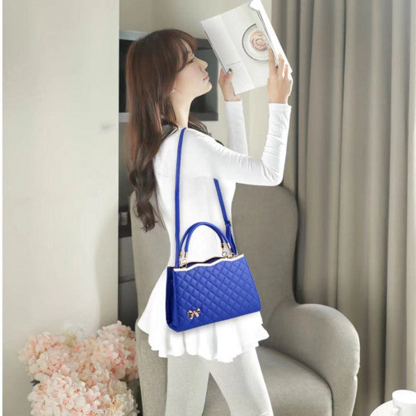 Elegant Dark Blue Synthetic Leather Women's Handbag with Double Handles and Geometric Pattern - Shop N Save