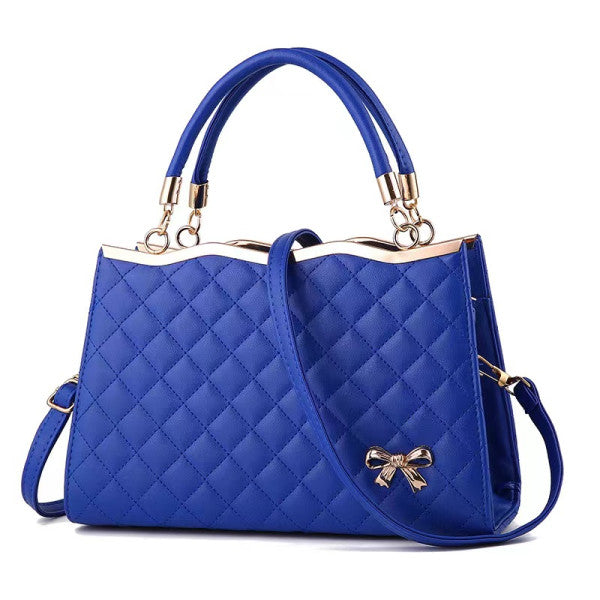 Elegant Dark Blue Synthetic Leather Women's Handbag with Double Handles and Geometric Pattern - Shop N Save
