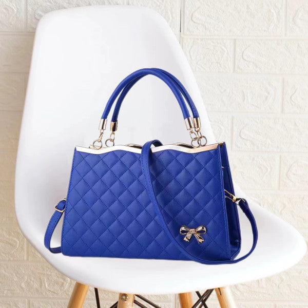 Elegant Dark Blue Synthetic Leather Women's Handbag with Double Handles and Geometric Pattern - Shop N Save