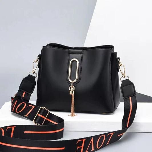 Wide Strap Fashion Letter One Shoulder Bucket Bag - Black - Shop N Save