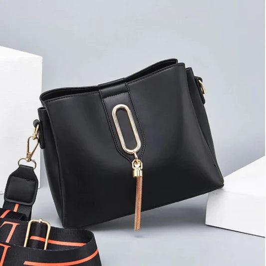 Wide Strap Fashion Letter One Shoulder Bucket Bag - Black - Shop N Save