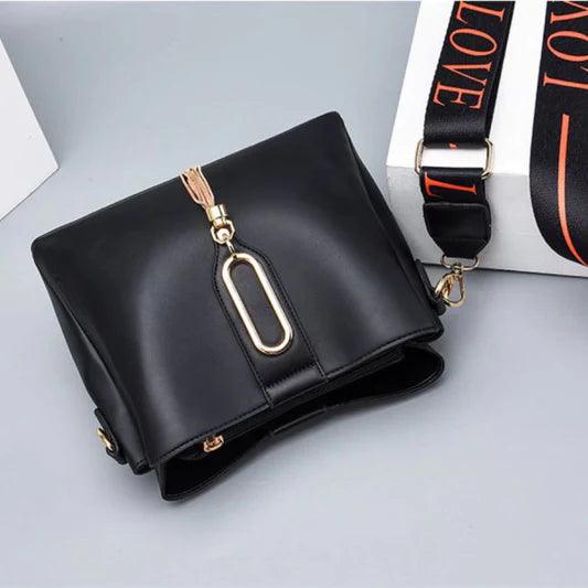 Wide Strap Fashion Letter One Shoulder Bucket Bag - Black - Shop N Save