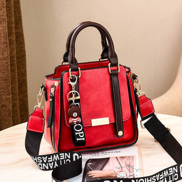 Korean Chic Red PU Leather Handbag for Women Zipper Closure Double Handle Stylish Stereo Design - Shop N Save