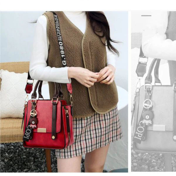 Red PU Leather Handbag for Women Zipper Closure Double Handle Stylish Stereo Design