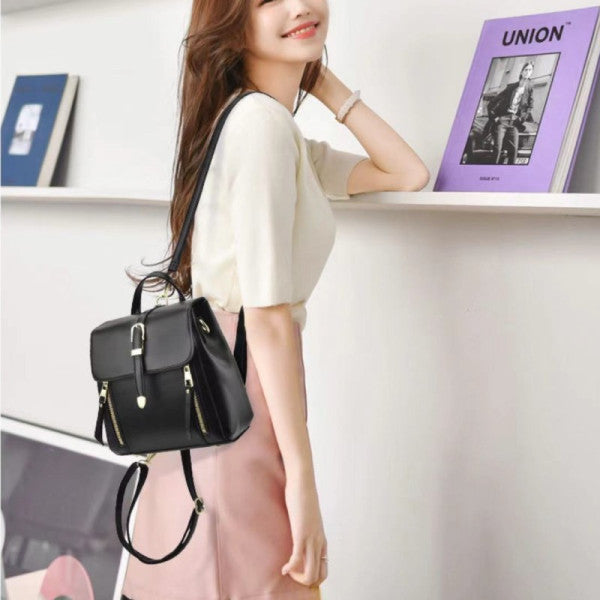 Black PU Magnetic Closure Backpack Sleek and Stylish Flap-Over Design with Adjustable Handle Perfect for Women on the Go! - Shop N Save