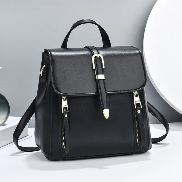 Black PU Magnetic Closure Backpack Sleek and Stylish Flap-Over Design with Adjustable Handle Perfect for Women on the Go! - Shop N Save