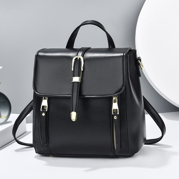 Black PU Magnetic Closure Backpack Sleek and Stylish Flap-Over Design with Adjustable Handle Perfect for Women on the Go! - Shop N Save