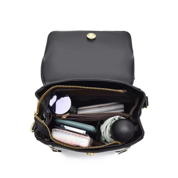 Black PU Magnetic Closure Backpack Sleek and Stylish Flap-Over Design with Adjustable Handle Perfect for Women on the Go! - Shop N Save