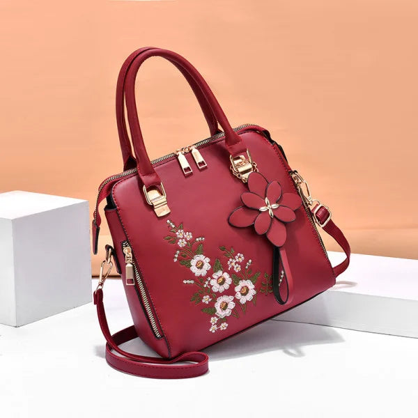 Classy Wine Red Floral Embroidered Handbag Women's Designer Zippered Fashion Accessory - Shop N Save