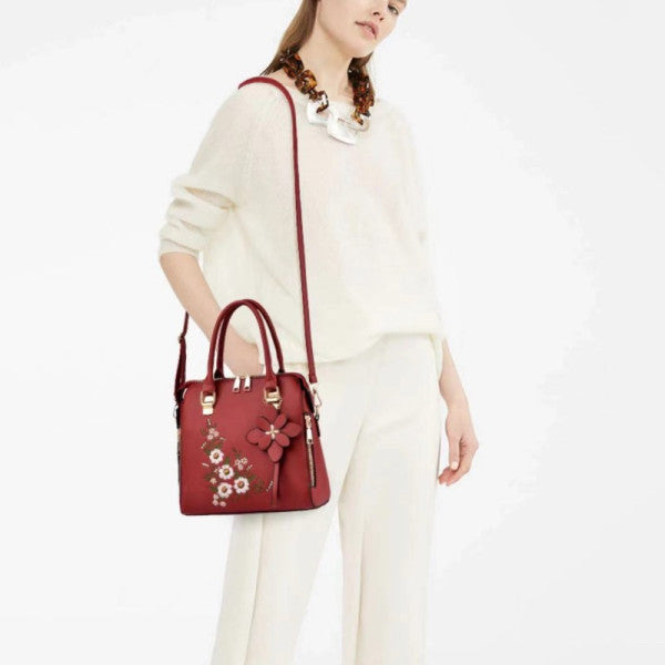 Classy Wine Red Floral Embroidered Handbag Women's Designer Zippered Fashion Accessory - Shop N Save