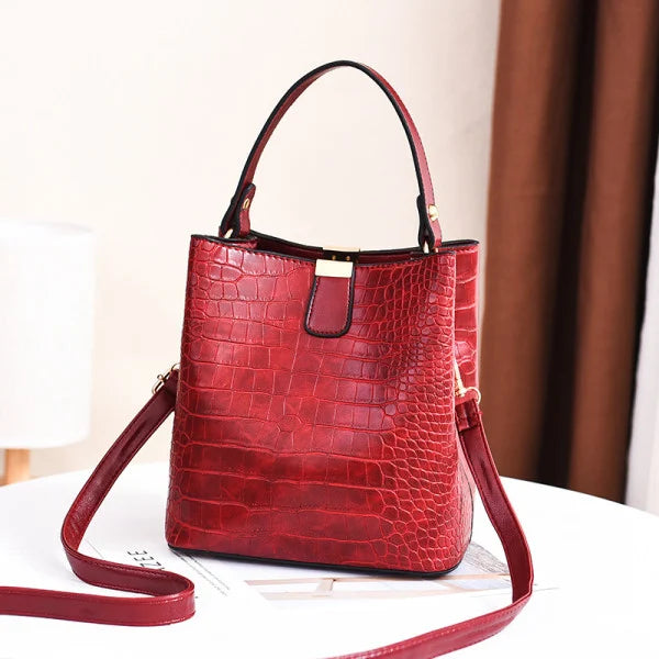 Stylish Wine Red Crocodile Pattern Handbag with Adjustable Strap and Multiple Compartments for Women - Shop N Save