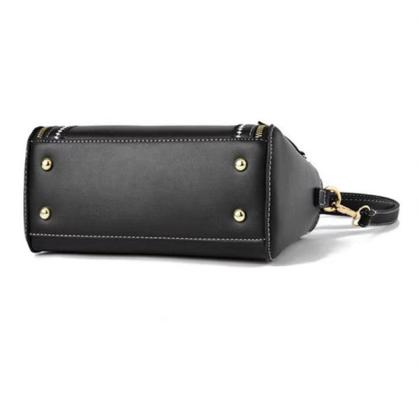 Stylish Black Ribbon Embroidery Handbag with Double Handle Zipper Closure and Large Capacity for Women - Shop N Save