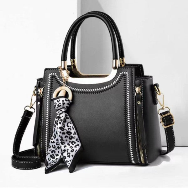 Stylish Black Ribbon Embroidery Handbag with Double Handle Zipper Closure and Large Capacity for Women - Shop N Save