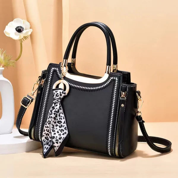 Stylish Black Ribbon Embroidery Handbag with Double Handle Zipper Closure and Large Capacity for Women - Shop N Save