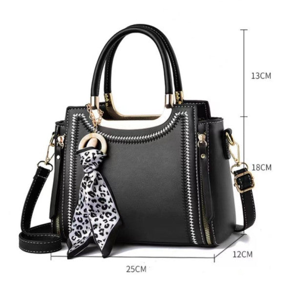 Stylish Black Ribbon Embroidery Handbag with Double Handle Zipper Closure and Large Capacity for Women - Shop N Save