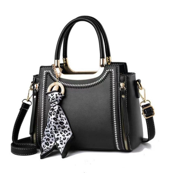 Stylish Black Ribbon Embroidery Handbag with Double Handle Zipper Closure and Large Capacity for Women - Shop N Save