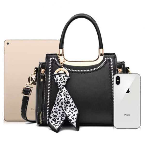 Stylish Black Ribbon Embroidery Handbag with Double Handle Zipper Closure and Large Capacity for Women - Shop N Save