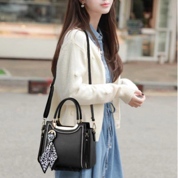 Stylish Black Ribbon Embroidery Handbag with Double Handle Zipper Closure and Large Capacity for Women - Shop N Save