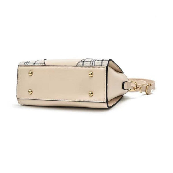 Stylish Metal Handle Beige Women's Handbag with Ring Handle Zipper Closure Lattice Pattern Synthetic Leather Three Compartments - Shop N Save