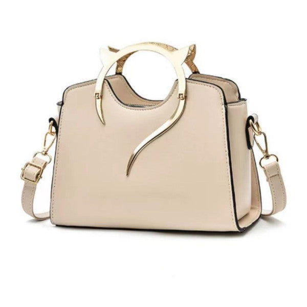 Stylish Metal Handle Beige Women's Handbag with Ring Handle Zipper Closure Lattice Pattern Synthetic Leather Three Compartments - Shop N Save