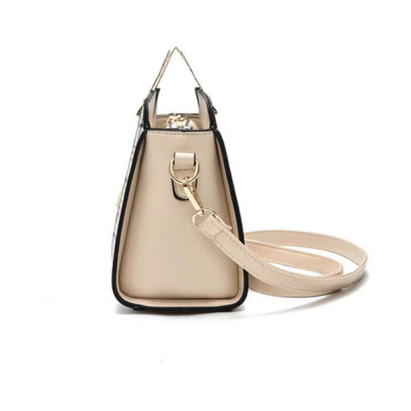 Stylish Metal Handle Beige Women's Handbag with Ring Handle Zipper Closure Lattice Pattern Synthetic Leather Three Compartments - Shop N Save