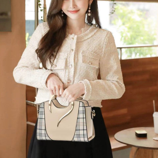 Stylish Metal Handle Beige Women's Handbag with Ring Handle Zipper Closure Lattice Pattern Synthetic Leather Three Compartments - Shop N Save