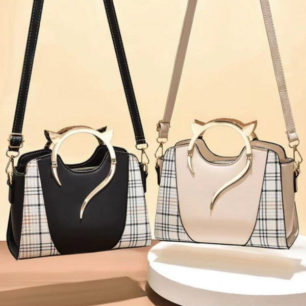 Stylish Metal Handle Beige Women's Handbag with Ring Handle Zipper Closure Lattice Pattern Synthetic Leather Three Compartments - Shop N Save